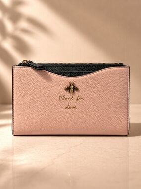 Authentic Gucci Bee Logo Pink Leather Zip Wallet Clutch|Luxury Designer Wristlet